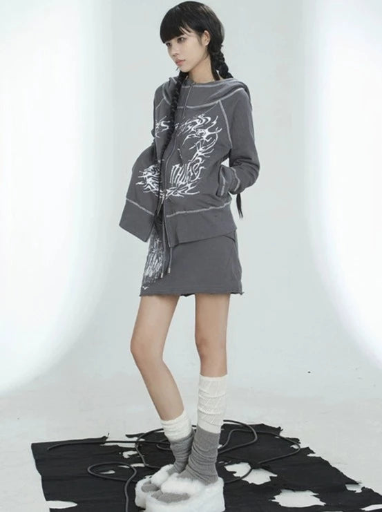 Design Print Hooded Top + Design Casual Tight Skirt