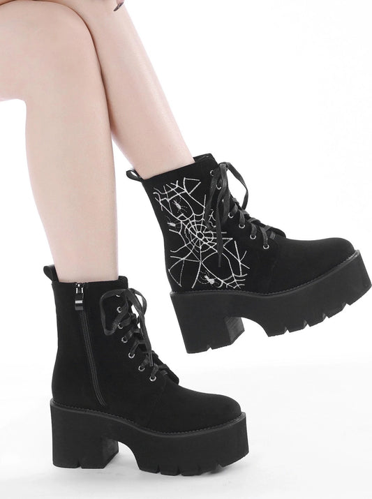 Spider Design Matte Black Short Boots