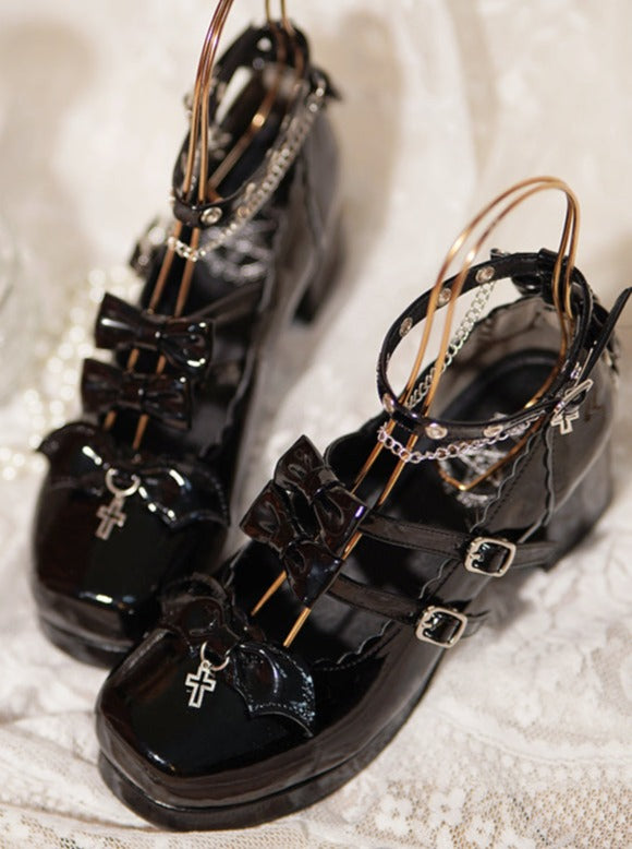 Patent Leather Double Ribbon Lolita Shoes