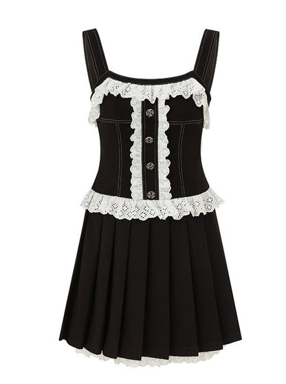 Lace frill black pleated skirt dress