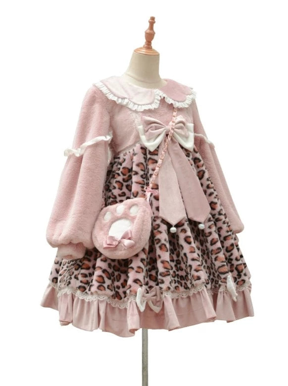 Sweet Ruffle Leopard Dress + Cat Hand Fur Bag