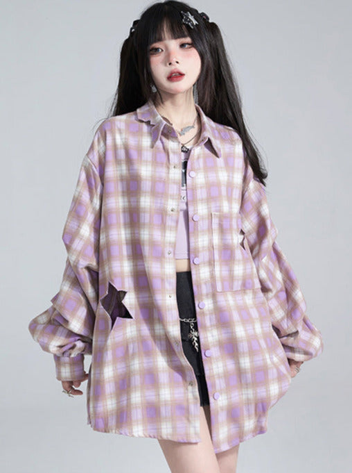 ホローアウトスターチェックルーズシャツ