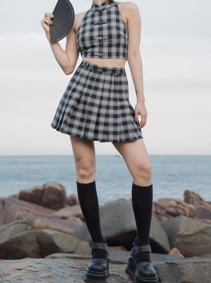 Monochrome check punk rock high waist pleated skirt