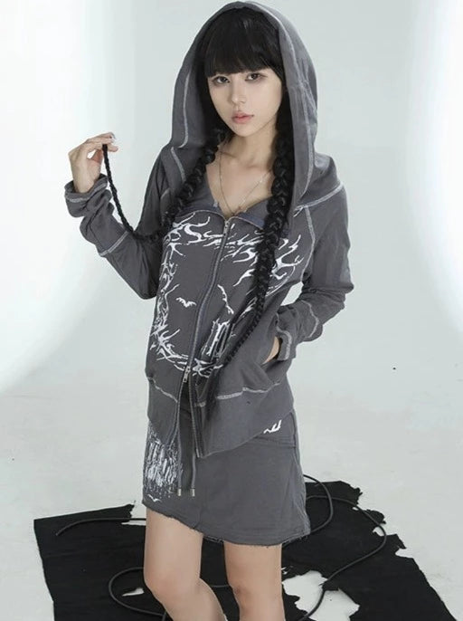 Design Print Hooded Top + Design Casual Tight Skirt