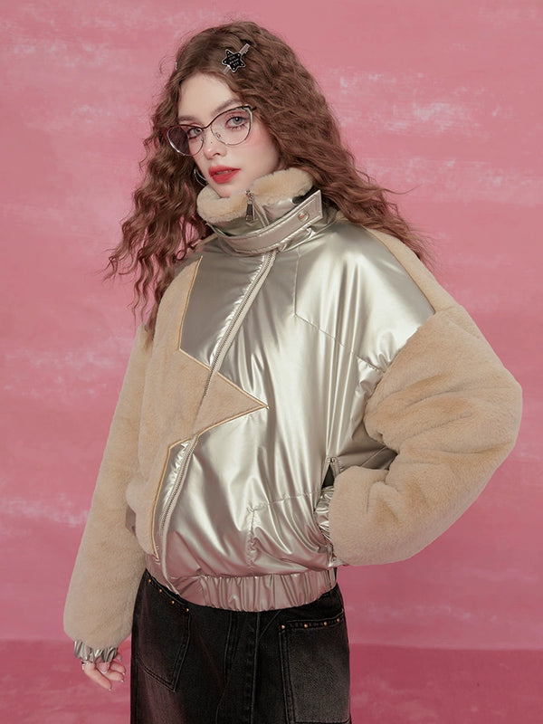 Spry Sing Glossy Fur Stand Up Collar Loose Jacket