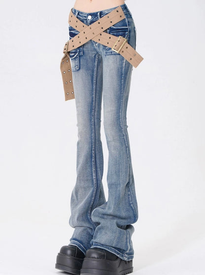 Cross Belt Blue Flared Jeans Pants