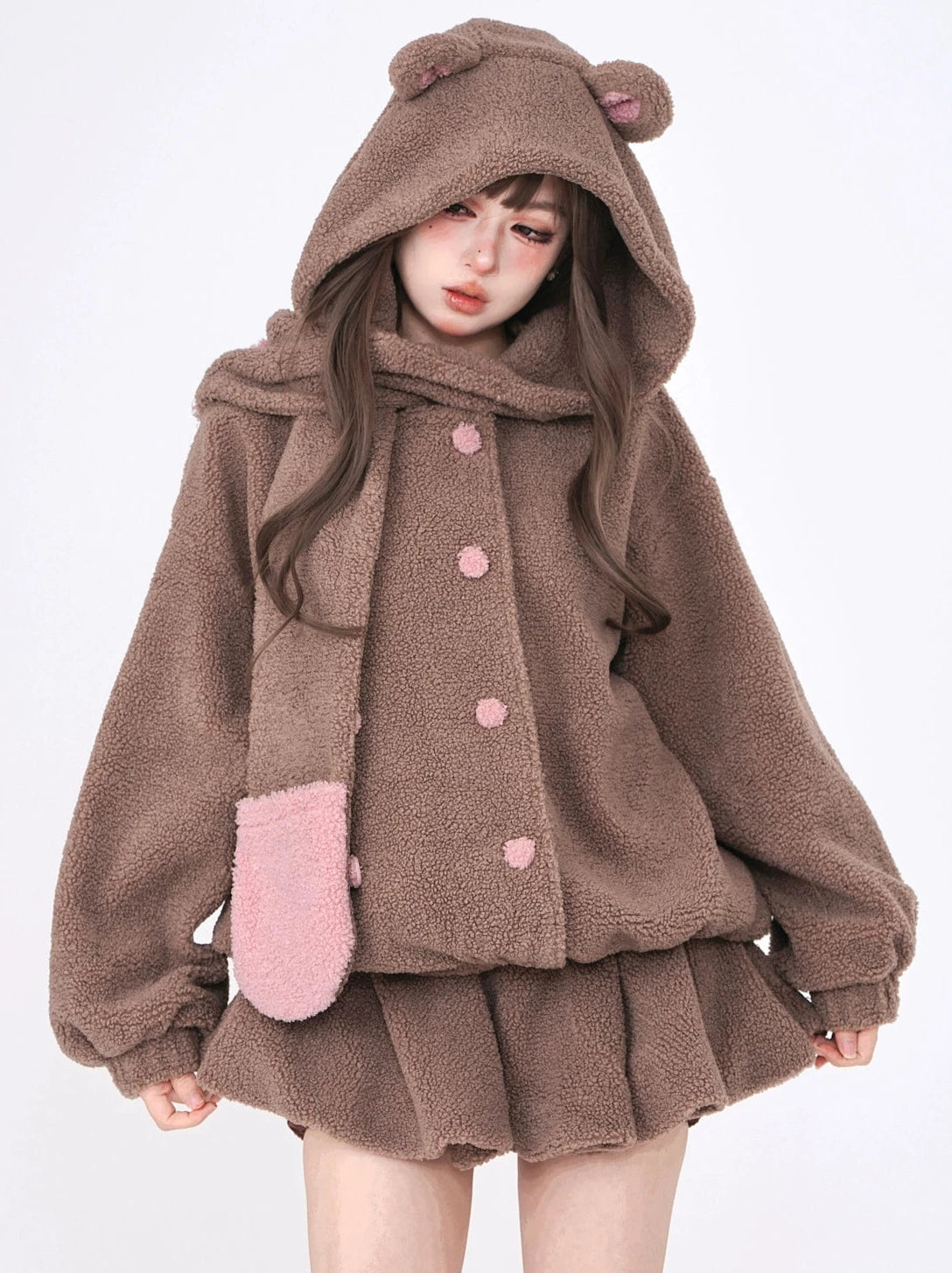 Bear Hood & Scarf Boa Jacket + Skirt