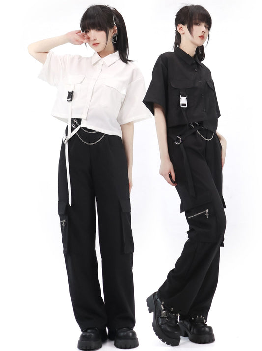 Mode Asymmetrical Belt Shirt + Waist Chain Casual Pants