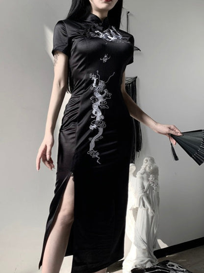 Slit High Waist Dark Long Skirt Cheongsam Dress