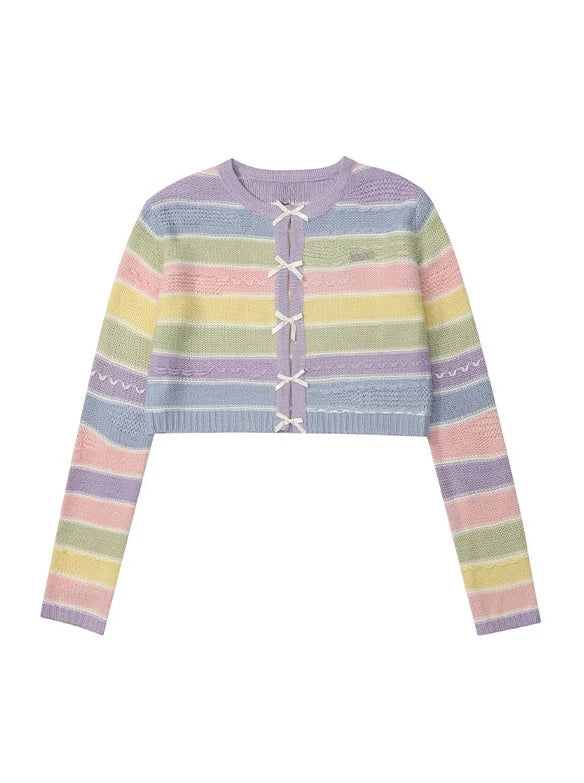 Rainbow Stripe Sweet Bow Short Knit Sweater