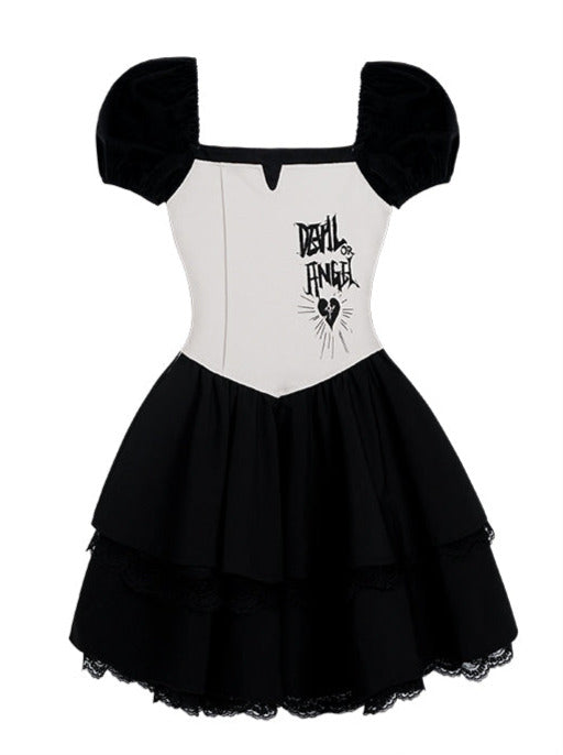 Devil Angel Square Collar Puff Sleeve Tiered Bustier Dress