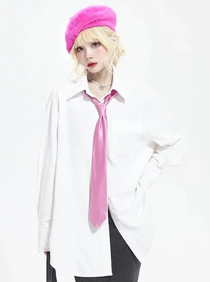 カレッジスタイルルーズカジュアルホワイトシャツ