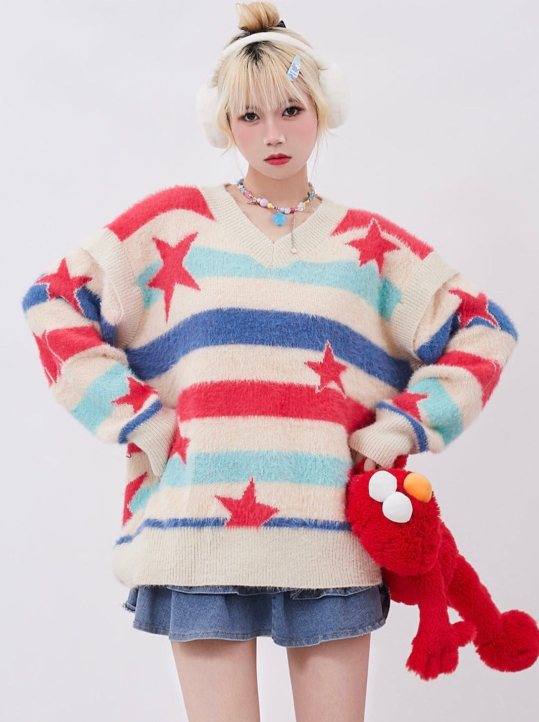 Dopamine Retro Strapless Star Detachable Lazy Wind Sweater