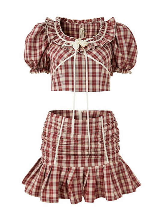 ストロベリーチェック×パフスリーブトップス