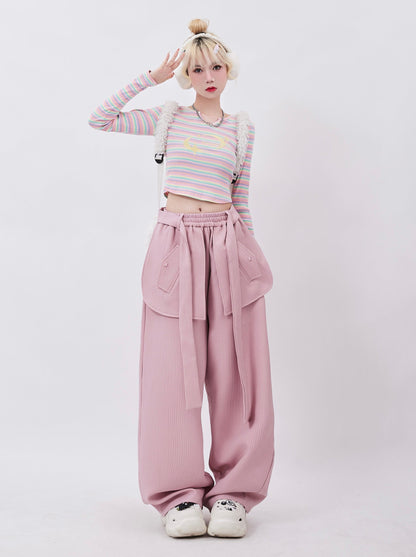 Retro Color Stripe Embroidery Short Top + Pink Flap Pants