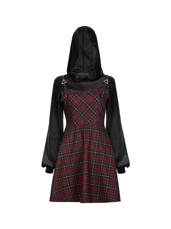 Hoodie check lantern sleeve fake two-piece dress