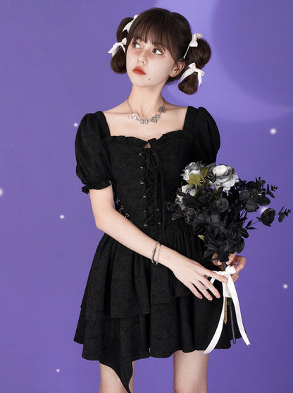 Black Rose Puff Sleeve Lace-up Bustier Tiered Dress