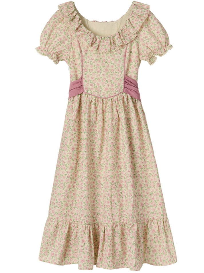 French Retro Romantic Flower Puff Sleeve Dress