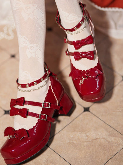 Patent Leather Double Ribbon Lolita Shoes