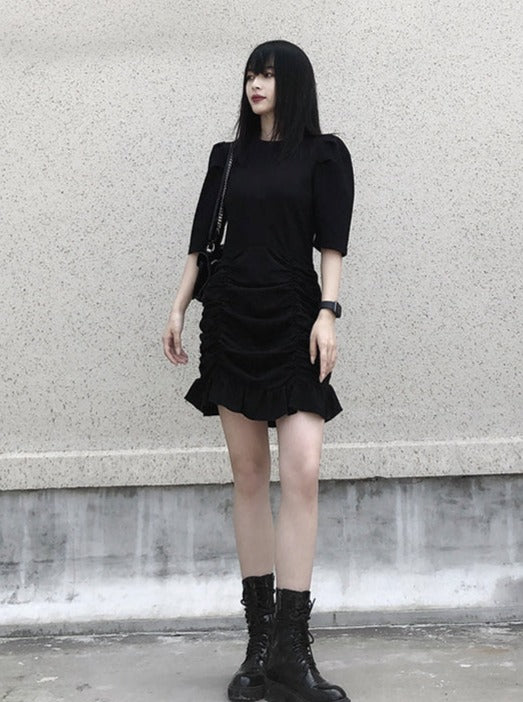 Shirring Mode Design Knit T-shirt Dress