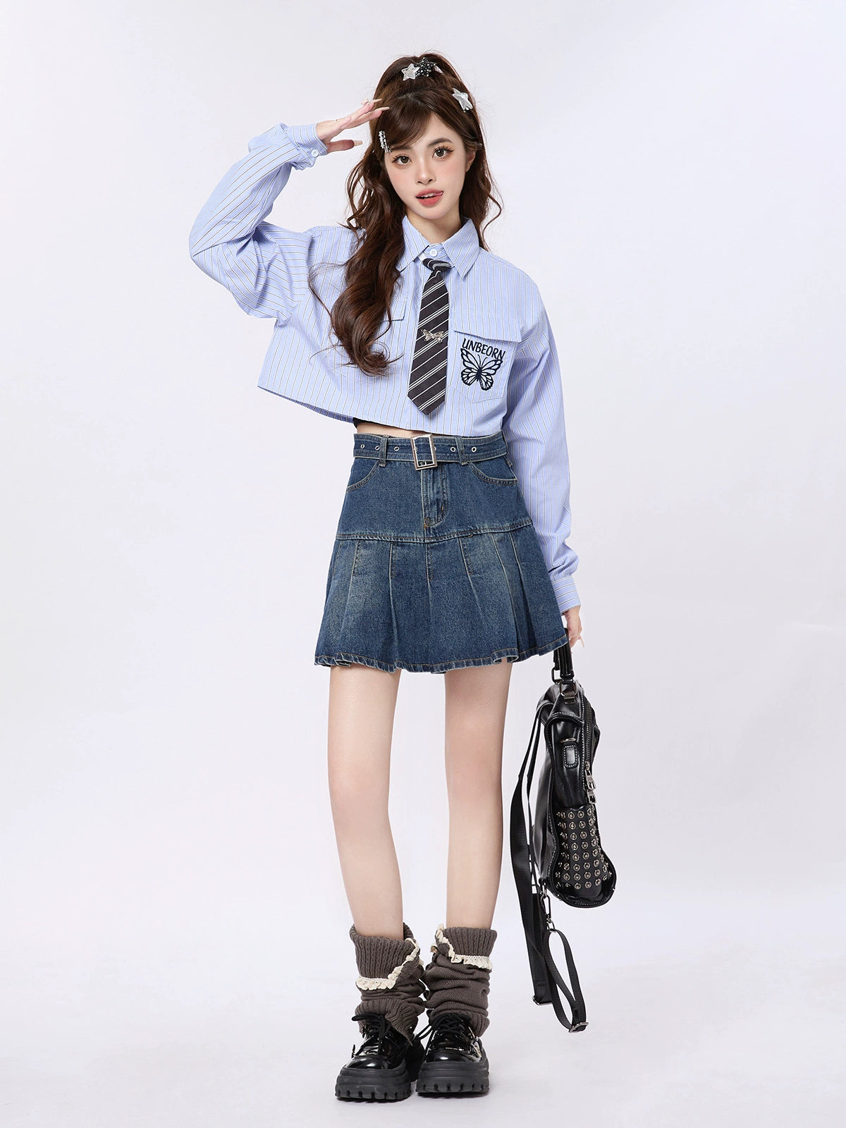 College Style Butterfly Embroidery Short Shirt