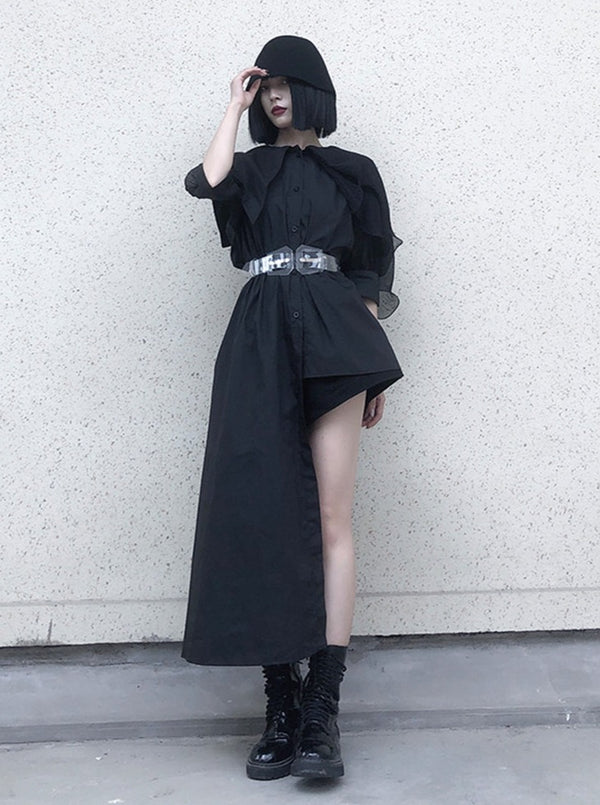Asymmetric mode puff sleeve shirt skirt