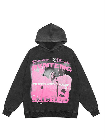 Oversized Retro Wash Print Hoodie