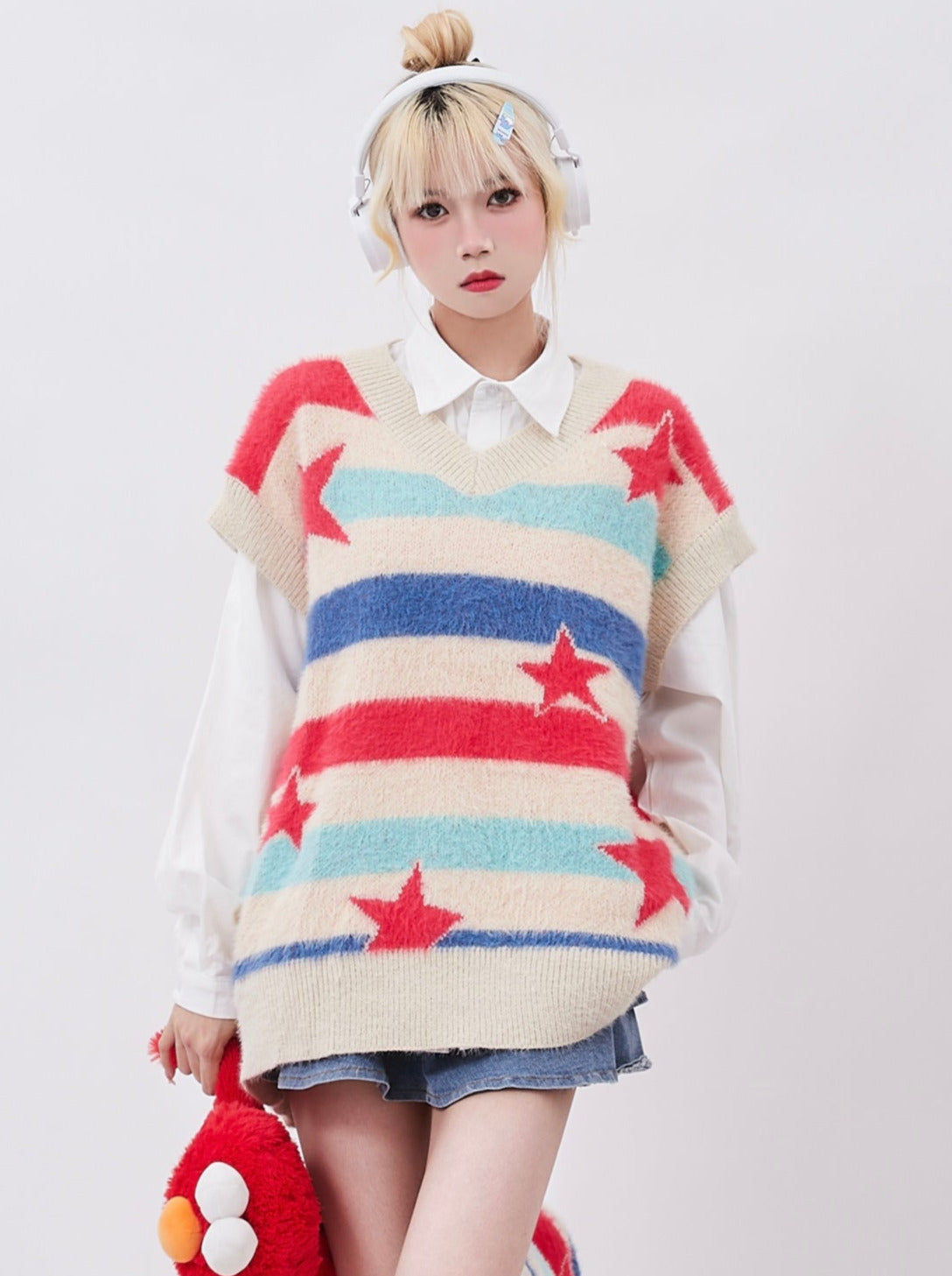 Dopamine Retro Strapless Star Detachable Lazy Wind Sweater