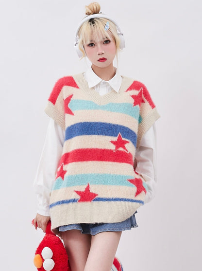 Dopamine Retro Strapless Star Detachable Lazy Wind Sweater