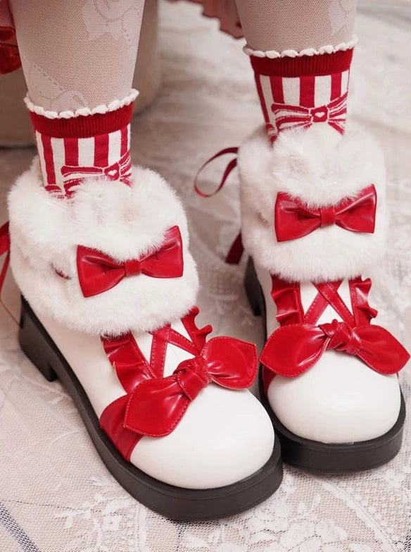 Snow Lolita Mid Heel Color Block Ribbon Sweet Velvet Short Boots