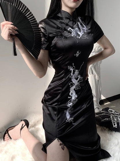Slit High Waist Dark Long Skirt Cheongsam Dress