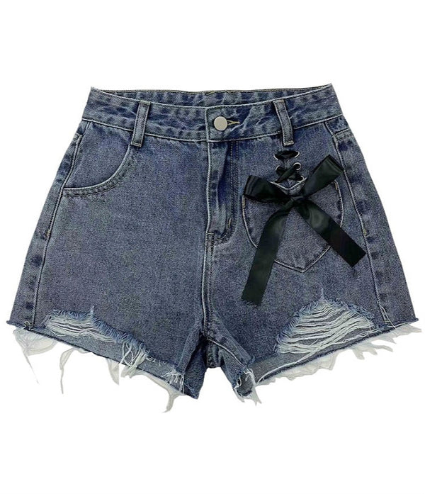 crushed denim ribbon shorts