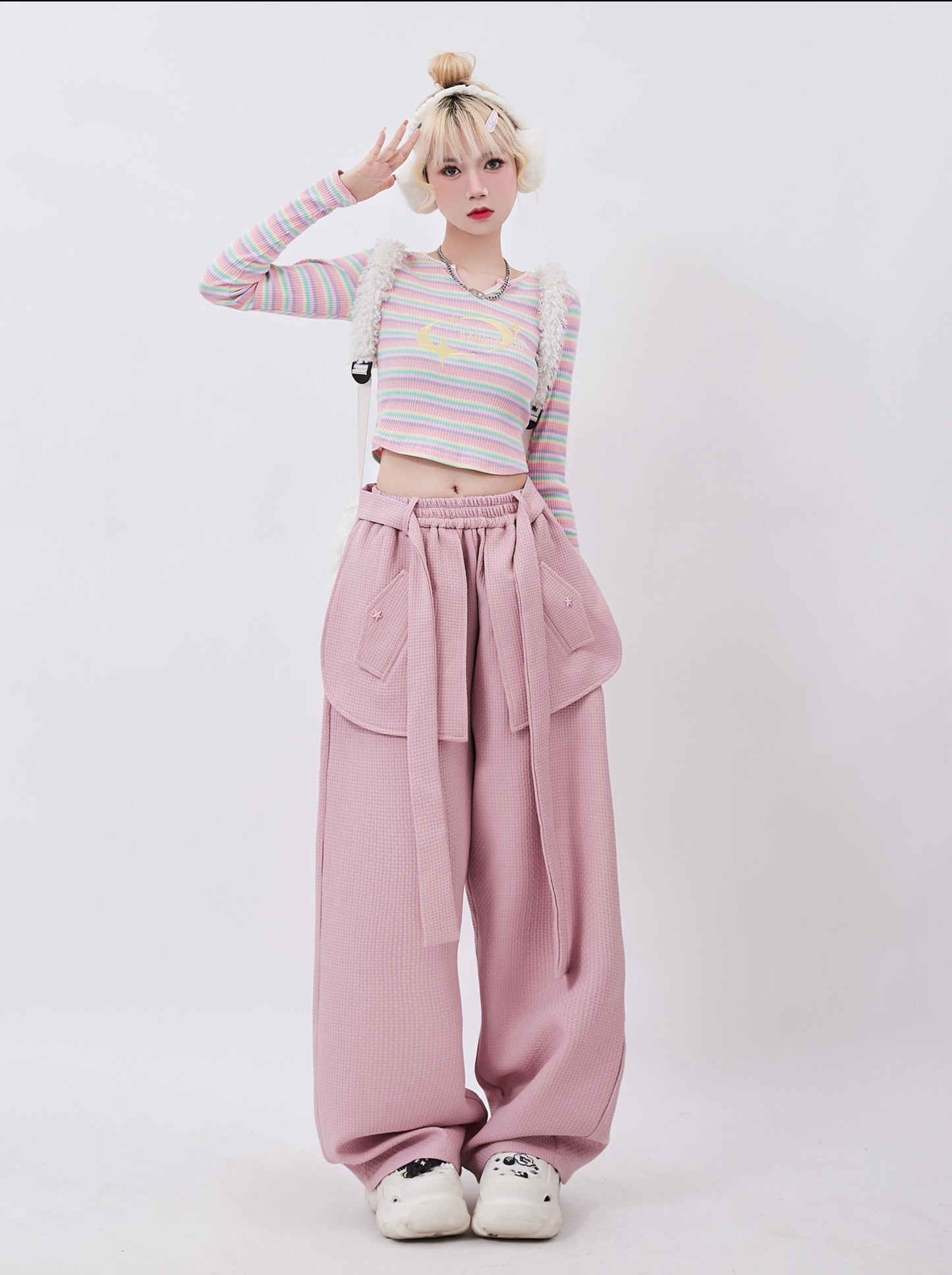 Dopamine Wear Retro Belt Design Loose Straight Pants