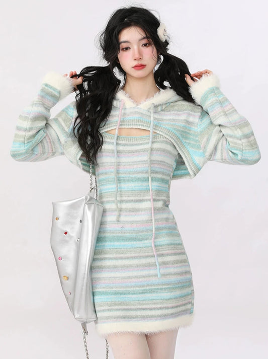 AONW Fall/Winter New Hooded Slip Dress Hooded Sweater Two-Piece Female Spice Slim Knit Striped Dress