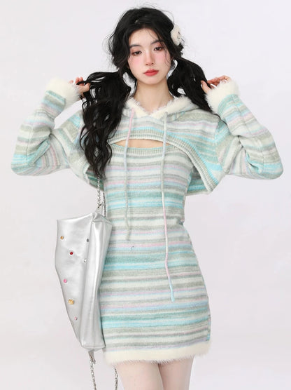 Knit Striped Suspender Skirt + Hooded Jacket Setup