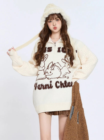 American Retro Rabbit Jacquard Lapel Sweater Knit