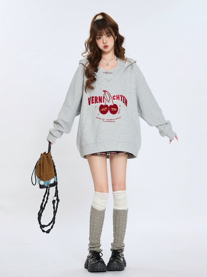 Retro Cherry Embroidery Leaf Hooded Sweatshirt Loose Two Piece