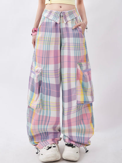 American cute pastel check straight pants