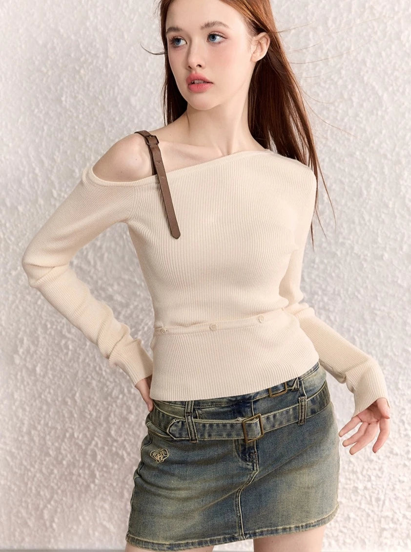 Off-the-shoulder belt design slim sweater