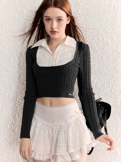 French sweet girl cable slim shirt knit