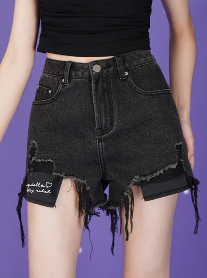 Letter Logo Heart Crush Black Denim Shorts