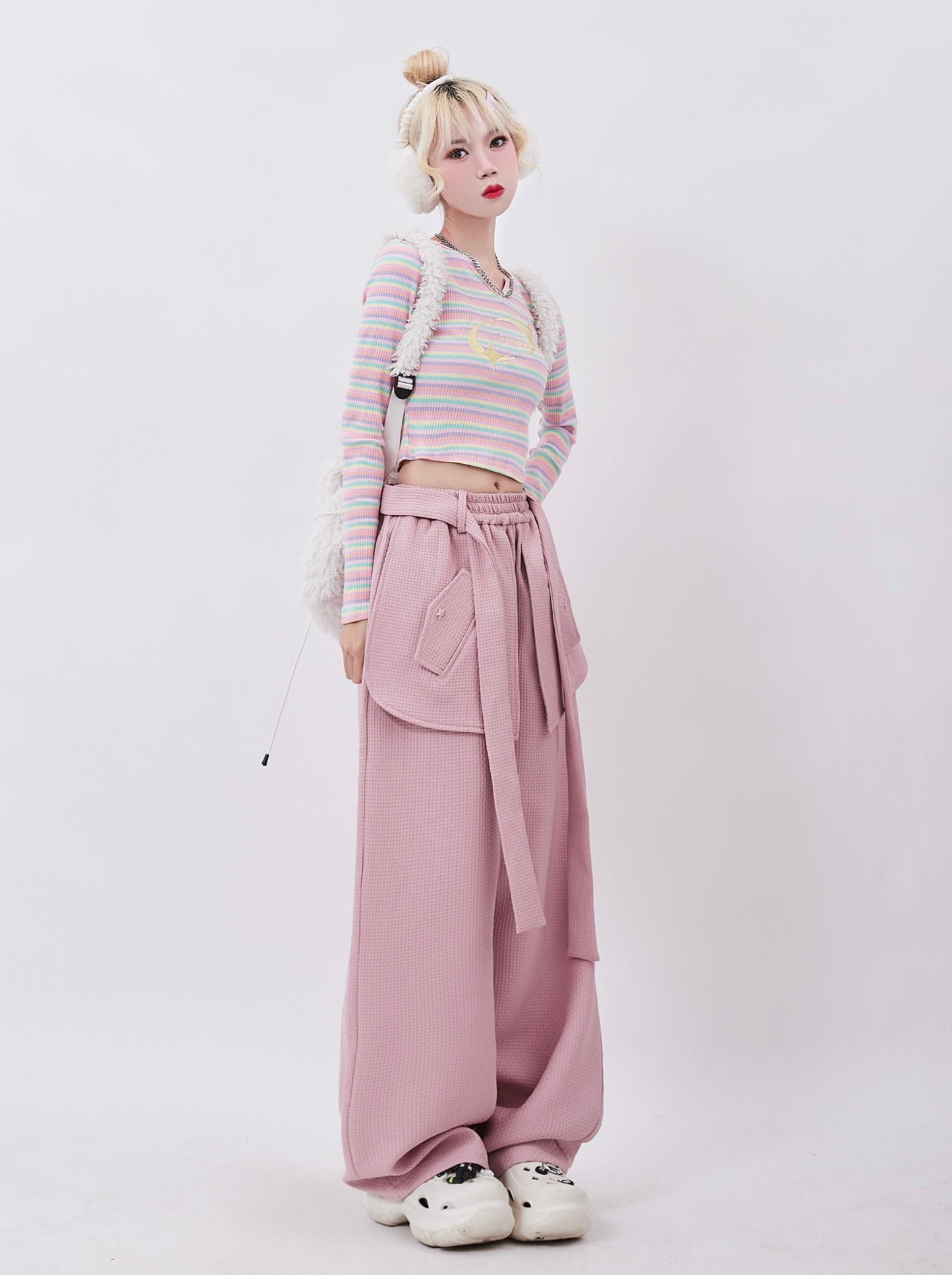 Dopamine Wear Retro Belt Design Loose Straight Pants