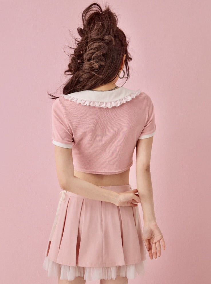 Lace color croptop pink shoulder tops