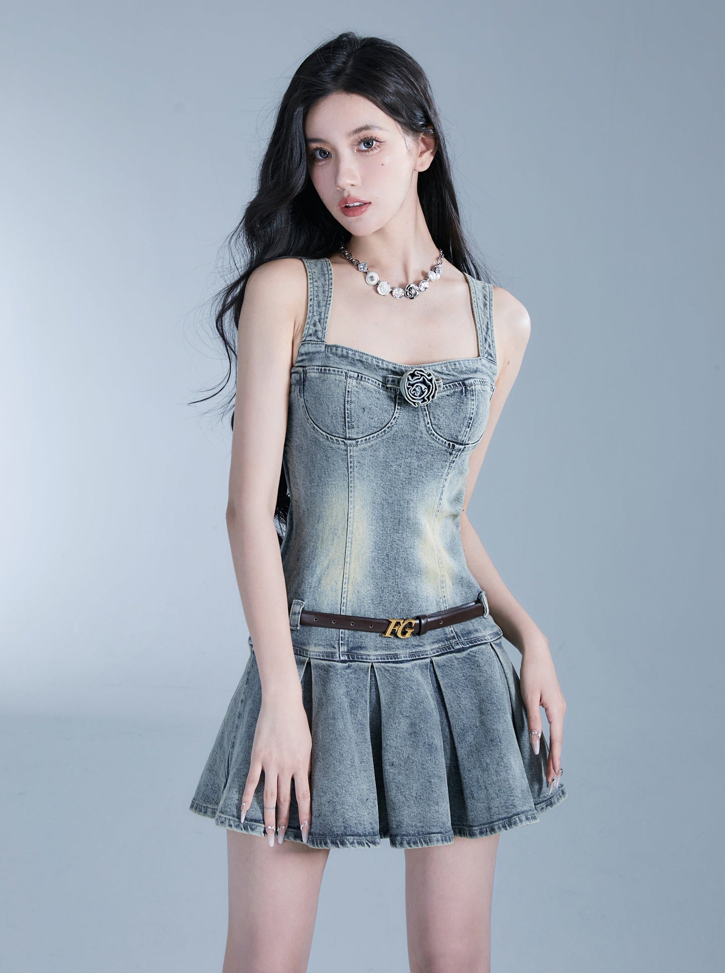 Denim Rose Suspender One Piece