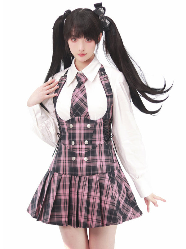 Black Pink Uniform Coordinating Shirt &amp; Check Tie Lace-up Pleated Sass Skirt Setup [Box Pleats/Plain Pleats]