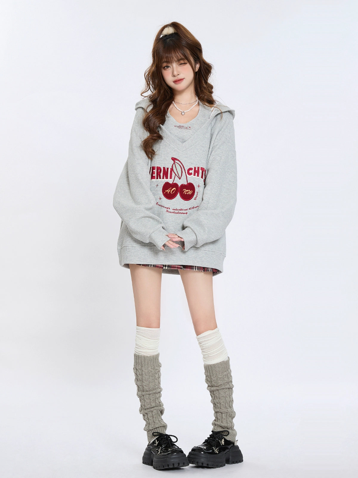 Retro Cherry Embroidery Leaf Hooded Sweatshirt Loose Two Piece