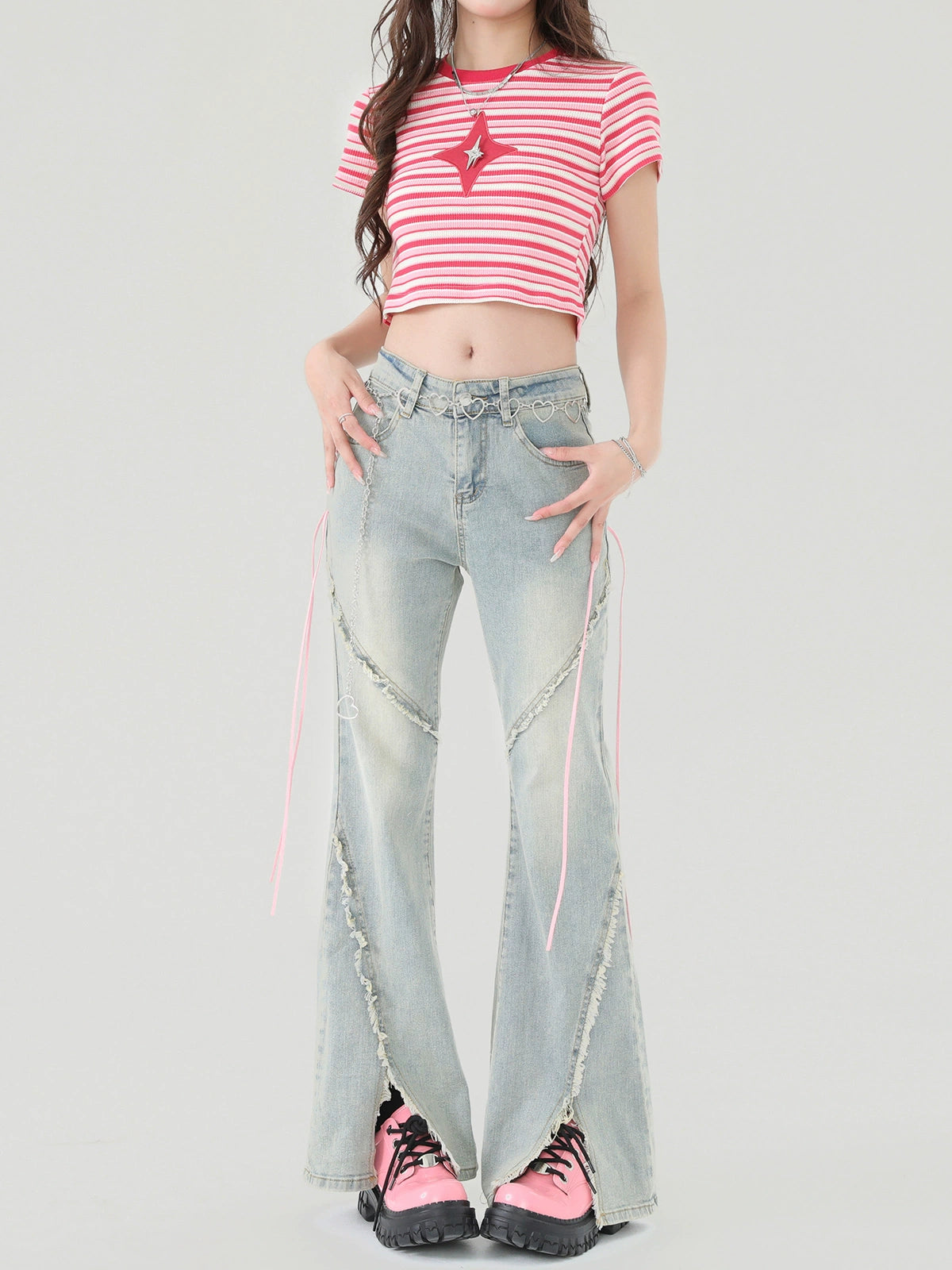 Bootcut High Waist Fringe Slit Flared Denim