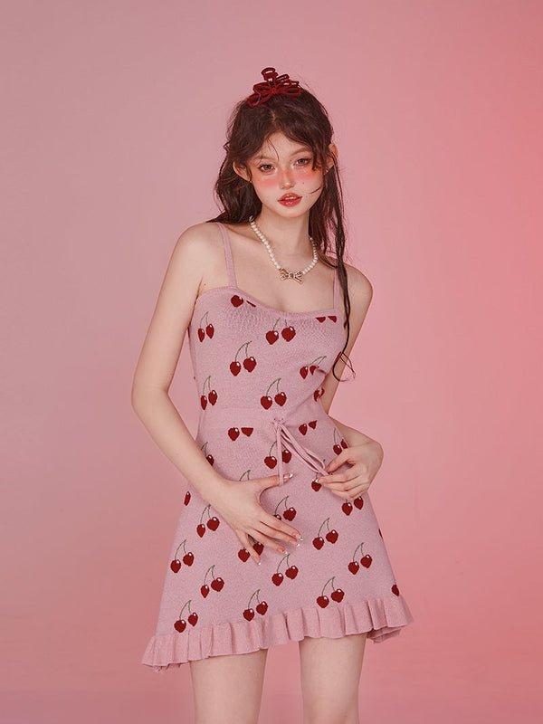 Jupe cerise Cardigan rose en tricot Robe à bretelles en tricot Mise en place