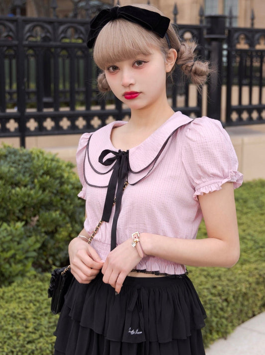 Girly Design Doll Color Puff Sleeve Waist Short Tops