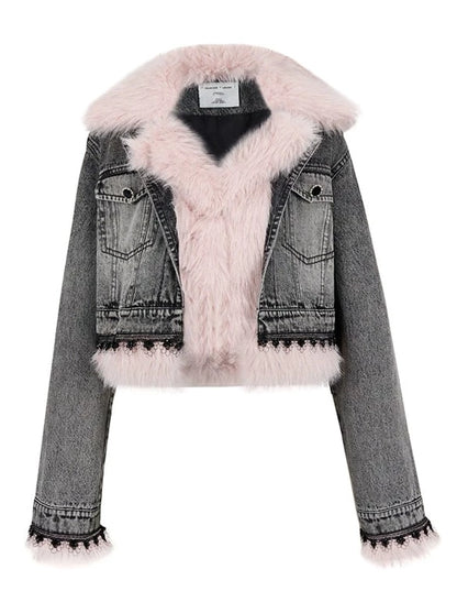 Washed Denim Light Pink Fur Contrast Collar Short Jacket